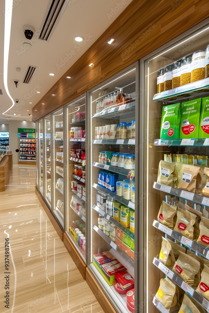 Fototapeta premium Grocery Store With Refrigerated Shelves Filled With Products