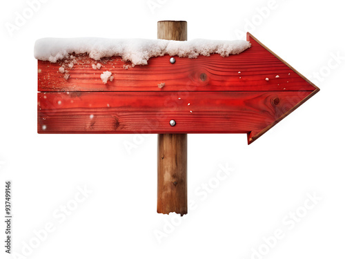 Winter direction sign with snow-covered arrow, transparent photo