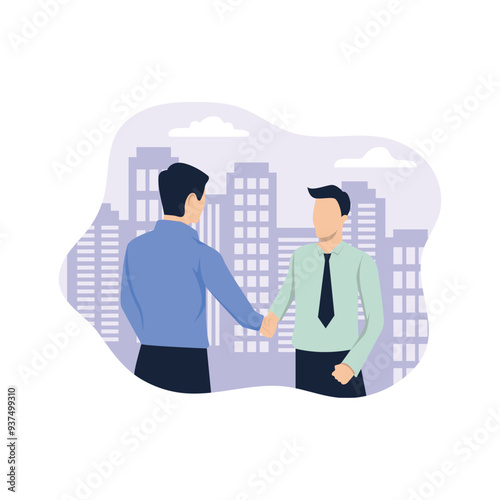 Flat illustration of two businessmen shaking hands with a silhouette of a building behind them