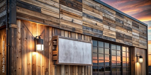 industrial chic sign mockup on a reclaimed wood store facade with muted monochromatic tones and subtle texture at dawn with a gritty atmosphere