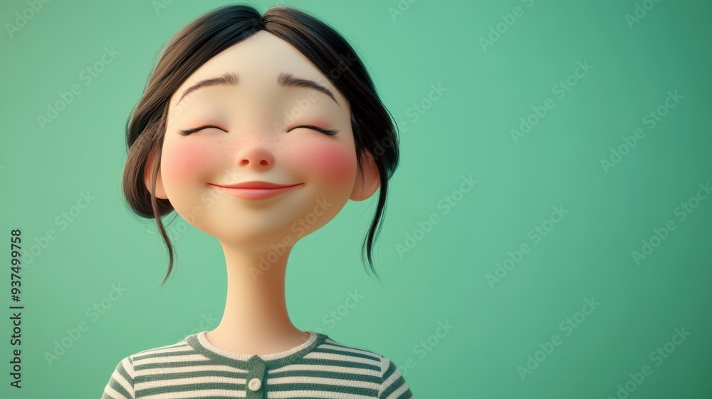 Fototapeta premium 3D character close up portrait of a cheerful Asian woman in a striped shirt, with a broad smile and closed eyes, with a pastel green gradient background, copy space, cartoon style, 3D design