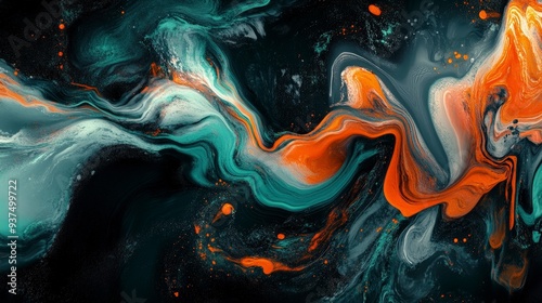 Abstract art with orange and teal paint swirling in black background.