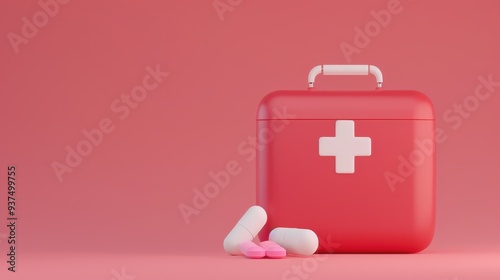 Compact red first aid kit filled with essential medications, designed for easy access and organization, ideal for home or travel health needs, 3D rendered illustration. photo