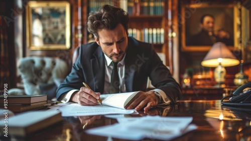 Executive Signing: In a large corner office, the CEO sits at a mahogany desk, carefully signing a contract with a fountain pen, his demeanor serious and focused. 