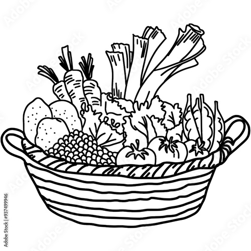 Vegetable basket Doodle Outline hand drawing