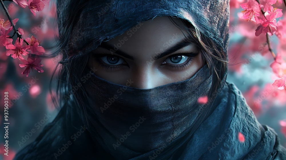 Close-up Portrait of a Woman in a Black Hood with Blue Eyes and Pink Flowers in the Background. Close-up Portrait of a Woman in a Black Hood with Blue Eyes and Pink Flowers in the Background.