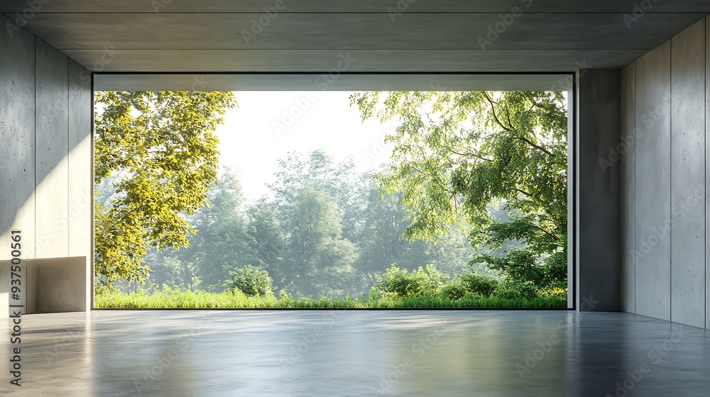 3D Render of an Empty Concrete Room with a Large Window Overlooking a Nature Background, Emphasizing Minimalist Architecture and the Serenity of Natural Views 3D Render of an Empty Concrete Room with a Large Window Overlooking a Nature Background, Emphasizing Minimalist Architecture and the Serenity of Natural Views