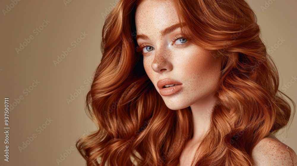 Fototapeta premium A striking model with vibrant red hair poses gracefully, her curls cascading around her shoulders, while warm light highlights her features, creating an enchanting aura