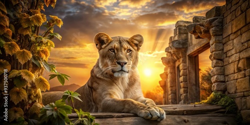 warm golden hour sunlight illuminates majestic rescued lioness portrait amidst rustic wooden backdrop with vines entwined ancient stone ruins evoking freedom hope serenity photo