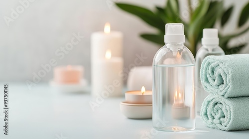 Elegant spa setting with water bottles, herbal teas, and calming candles, emphasizing the holistic benefits of hydration, hydration wellness benefit, spa wellness