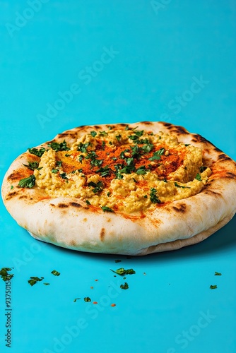 Professional Photo, Pita Bread with Hummus, on Blue Background, High Resolution