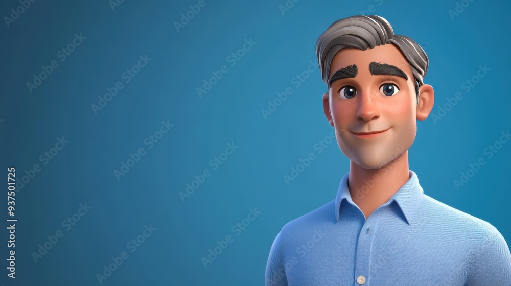 3D character close up portrait of a European male tech executive in a stylish button-up shirt, with a steel blue gradient background, copy space, cartoon style, in the style of 3D design 3D character close up portrait of a European male tech executive in a stylish button-up shirt, with a steel blue gradient background, copy space, cartoon style, in the style of 3D design