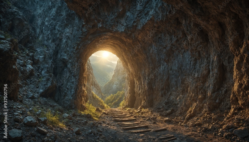 Obraz premium Tunnel entrance in a rocky cave, with sunlight shining through. Rough cave walls and vegetation along the path to the tunnel