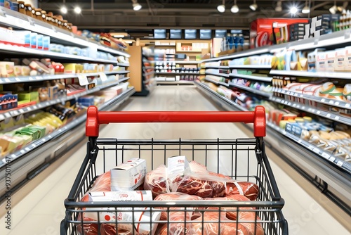 Shopping Cart Full of Meat in Super Market