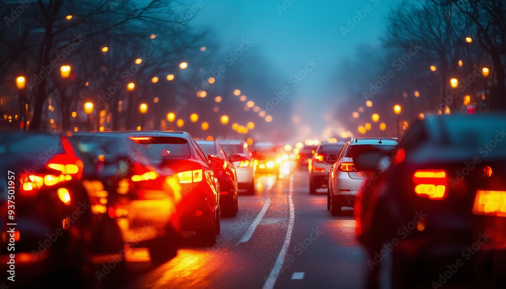 A vibrant cityscape at night where a long line of cars is caught in a traffic jam
A vibrant cityscape at night where a long line of cars is caught in a traffic jam