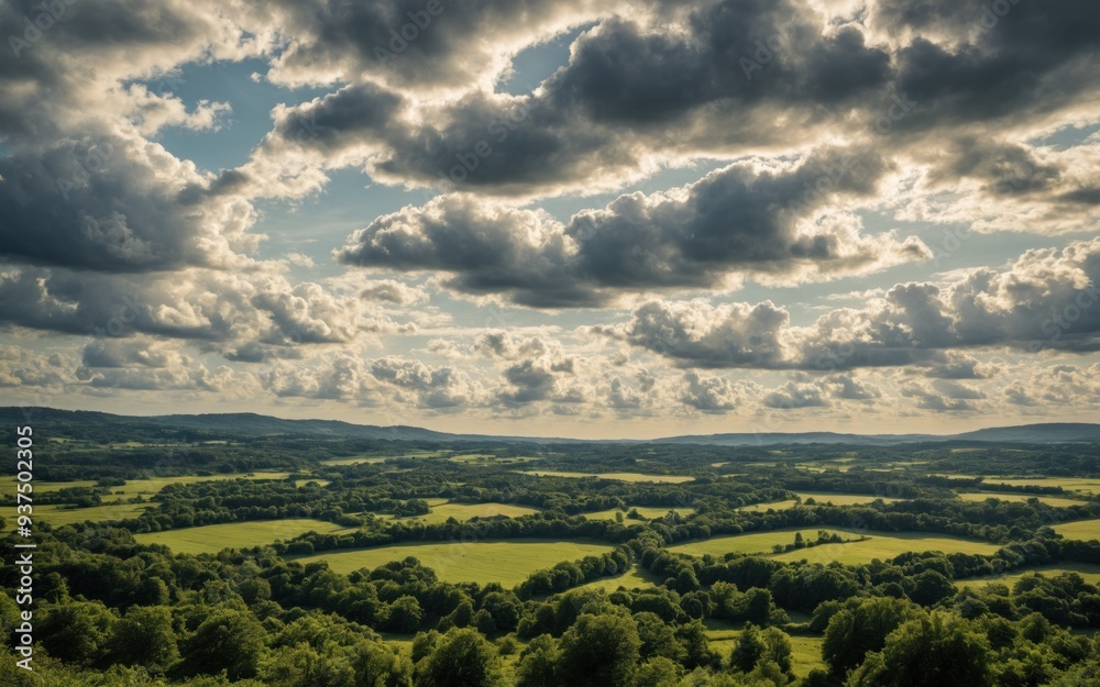 A panoramic view of a rural landscape with rolling green hills, farm fields, and a dramatic sky filled with fluffy white clouds illuminated by the sun A panoramic view of a rural landscape with rolling green hills, farm fields, and a dramatic sky filled with fluffy white clouds illuminated by the sun