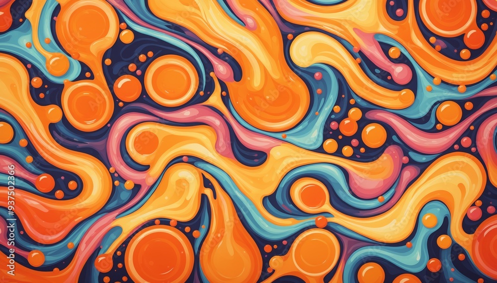 A vibrant abstract pattern of swirling orange, pink, and blue liquid shapes with scattered circles and dots on a dark blue background