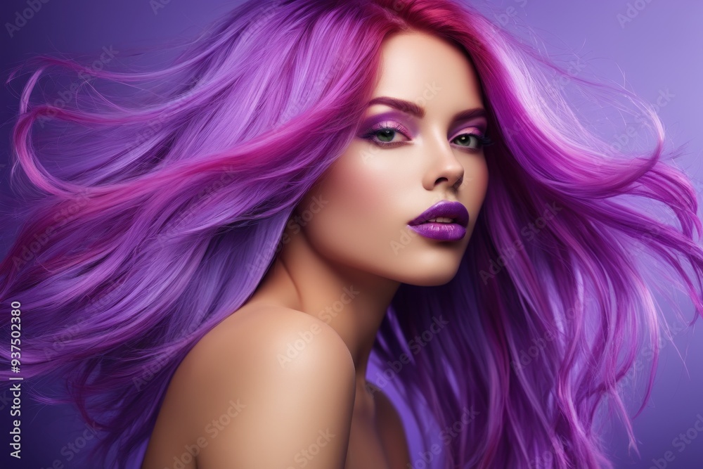 A woman with long purple hair and makeup poses with her hair flowing in the wind, against a purple background A woman with long purple hair and makeup poses with her hair flowing in the wind, against a purple background