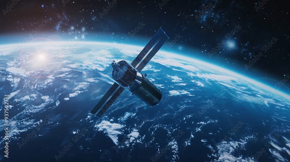 Satellite Orbiting Earth with Solar Flare and Starry Background Satellite Orbiting Earth with Solar Flare and Starry Background
