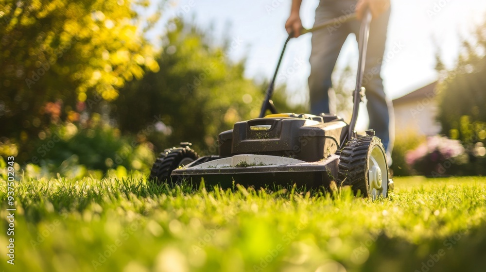 Lawn care. Mowing and caring for the grass with a lawn mower in a bright and colorful garden Lawn care. Mowing and caring for the grass with a lawn mower in a bright and colorful garden