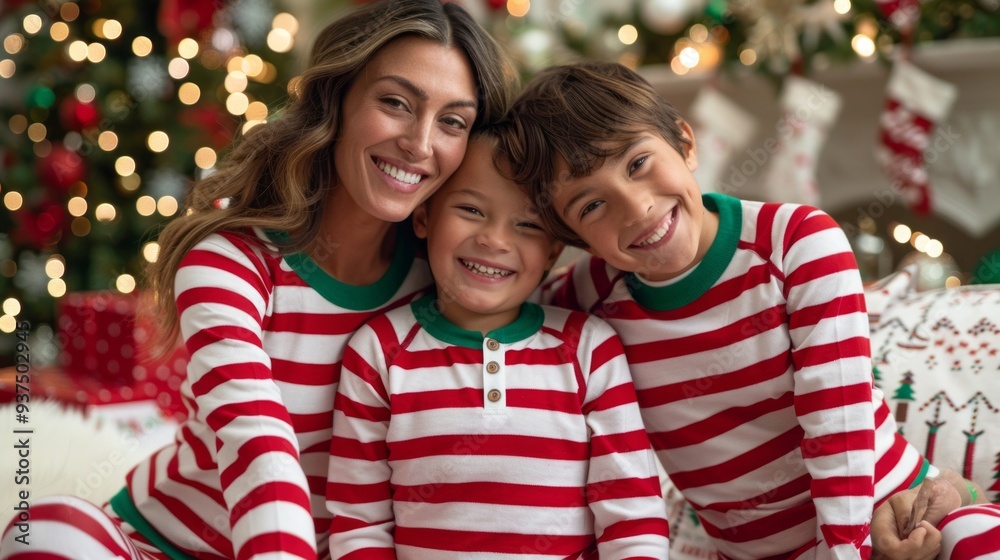 A family gathers in cozy matching pajamas, radiating joy as they sit close together by a beautifully decorated Christmas tree filled with lights and ornaments A family gathers in cozy matching pajamas, radiating joy as they sit close together by a beautifully decorated Christmas tree filled with lights and ornaments