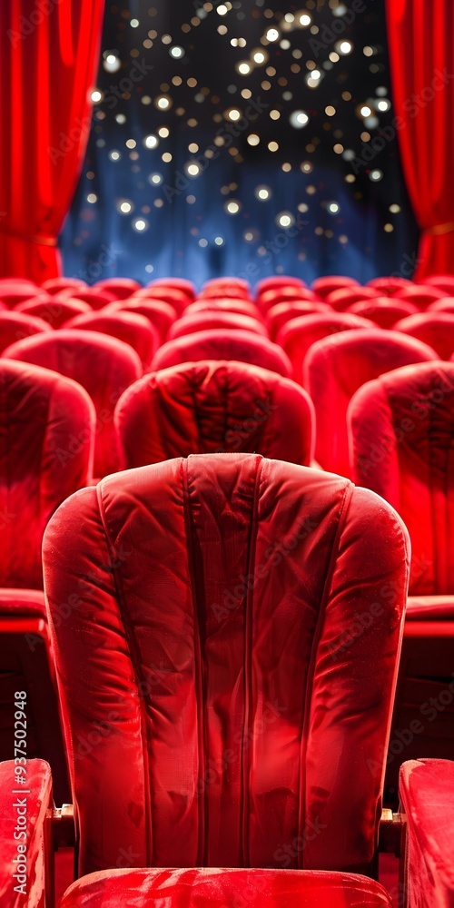 Fototapeta premium Red Velvet Seats in a Theater with Curtain and Stage Lights
