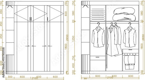 Vector sketch illustration of a silhouette image of a wardrobe furniture design and a room partition with a modern minimalist concept with detailed dimensions