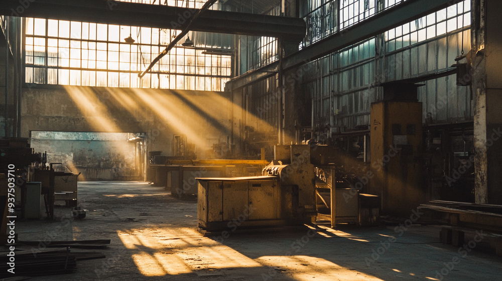 Golden rays illuminate an abandoned factory floor during the early morning, showcasing the beauty of industrial decay Golden rays illuminate an abandoned factory floor during the early morning, showcasing the beauty of industrial decay