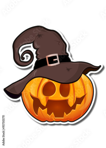 Halloween pumpkin cartoon sticker with witch hat isolated on white background illustration