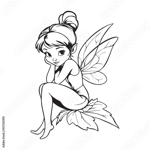 Tinker Bell Outline Design, Tinkerbell Clipart,  Tinker Bell Sitting on a Leaf Illustration in black and white photo