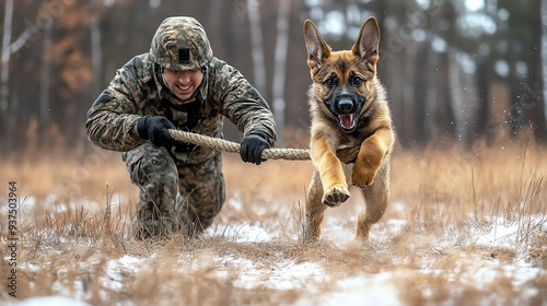 Handler and K9 puppy playing tugofwar during a training break, K9 interaction, puppy companionship photo