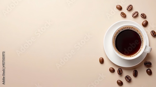 A cup of coffee with coffee beans on a soft background.