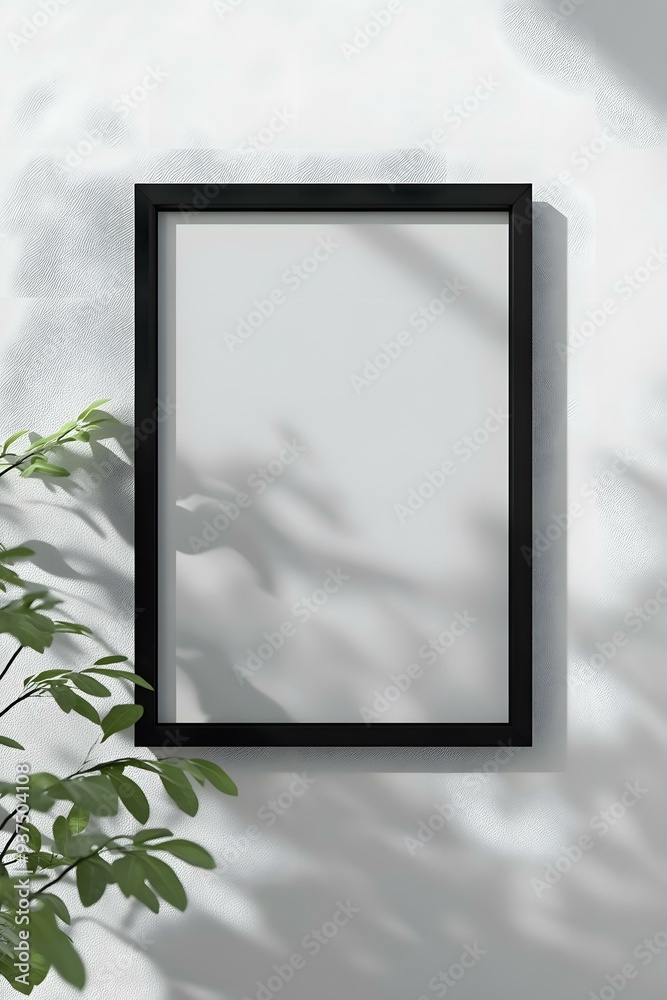 Fototapeta premium Black Frame Mockup With White Wall And Plant Shadow