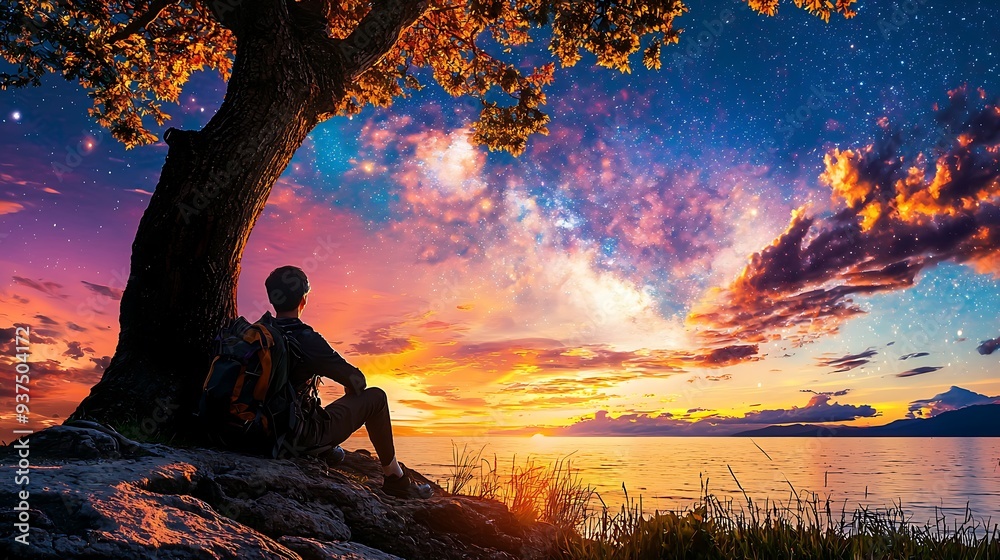 Obraz premium Man contemplating the Milky Way over a lake at sunset, capturing the awe-inspiring beauty of the cosmos reflected in nature.