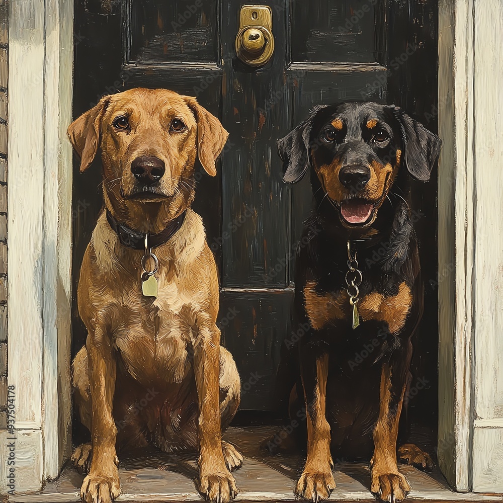 Hound and retriever waiting patiently by the front door, eager for a walk, household routine, loyal pets Hound and retriever waiting patiently by the front door, eager for a walk, household routine, loyal pets