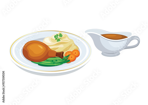 Chicken leg with mashed potatoes and gravy vector illustration. Chicken leg with mashed potatoes and vegetables on a plate icon set isolated on a white background. Gravy sauce boat drawing