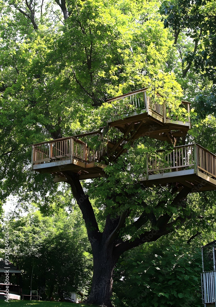 Treehouse with multiple levels and wooden platforms built high in the trees