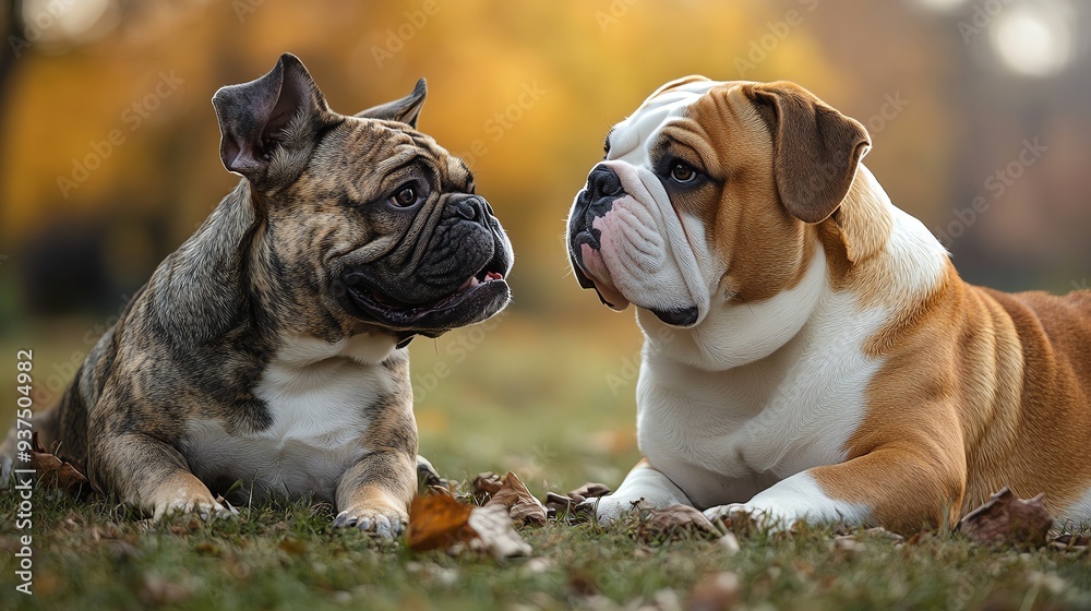 Mutt playfully interacting with a bulldog in a backyard, reflecting the joy of a lively home, playful pets, home energy Mutt playfully interacting with a bulldog in a backyard, reflecting the joy of a lively home, playful pets, home energy
