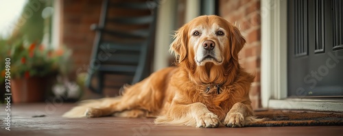 Mutt keeping a careful eye on the surroundings from the porch, yet turning to nuzzle its owner affectionately, watchful loyalty, affectionate guardian photo