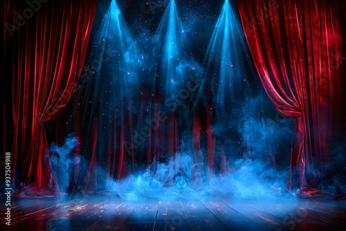 Red Curtains On Stage With Spotlight And Smoke