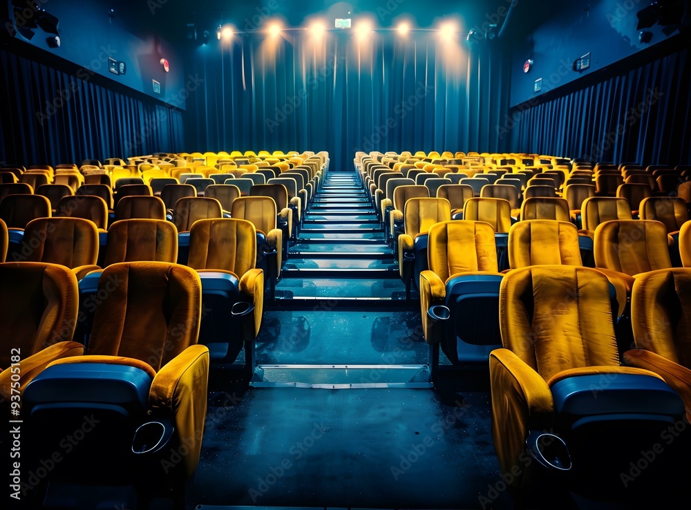 Naklejka premium Empty Movie Theater Seats with Blue Curtains