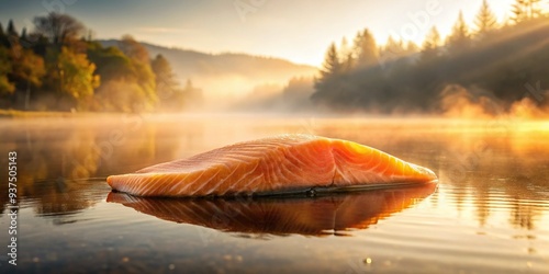 Dreamy ethereal light salmon fillet on misty morning lake shore with soft pinkish hue and lukewarm golden light capturing serene atmosphere photo