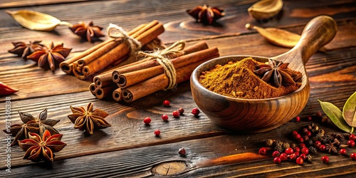 Warmth Emanates From Rustic Wooden Tabletop Vibrant Cinnamon Brown Spice Blend photo