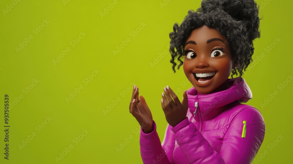 3D character close up portrait of a joyful black woman in a vibrant purple jacket, clapping her hands with a big smile, on a lime green gradient backdrop, copy space, cartoon style, 3D design 3D character close up portrait of a joyful black woman in a vibrant purple jacket, clapping her hands with a big smile, on a lime green gradient backdrop, copy space, cartoon style, 3D design