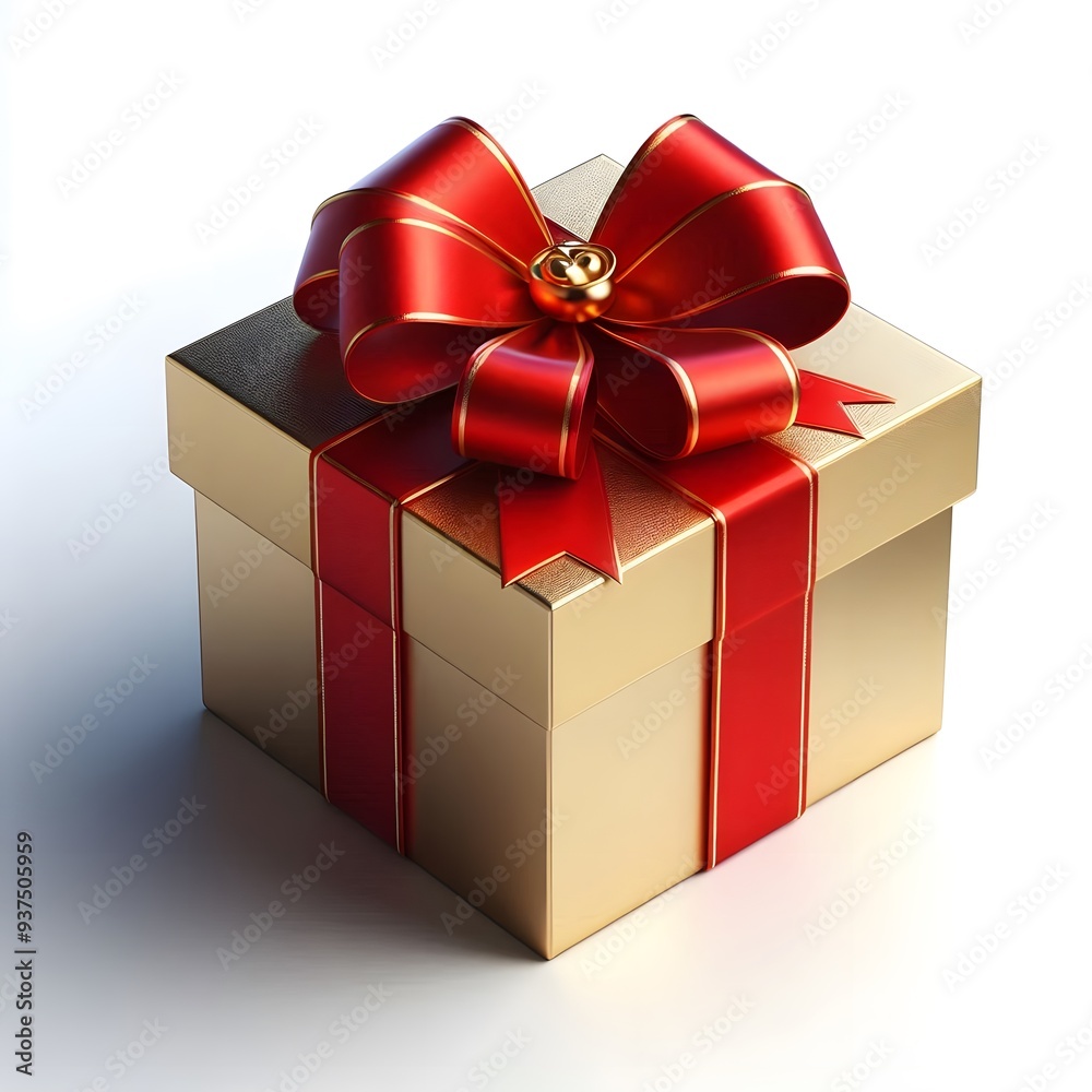 Fototapeta premium Gold Gift Box with Red Ribbon - Isolated on White Background