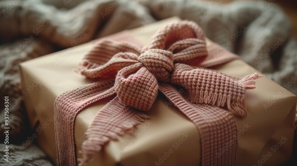 A beautifully wrapped gift with a soft ribbon rests on a cozy textured blanket, inviting curiosity and joy during the holiday season A beautifully wrapped gift with a soft ribbon rests on a cozy textured blanket, inviting curiosity and joy during the holiday season