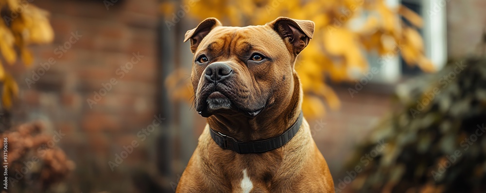 Purebred canine with a muscular build, positioned near its owner in a defensive stance, trustworthy protector, close vigilance