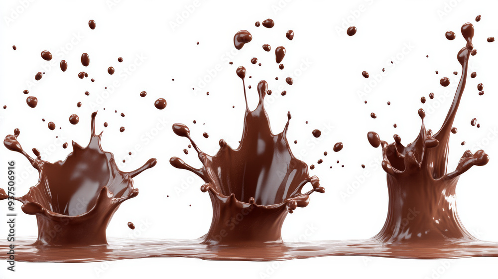 3D render. Collection of chocolate splashes isolated on a white background. Assortment of dynamic liquid splashes, including hot coffee, chocolate, and cocoa 3D render. Collection of chocolate splashes isolated on a white background. Assortment of dynamic liquid splashes, including hot coffee, chocolate, and cocoa