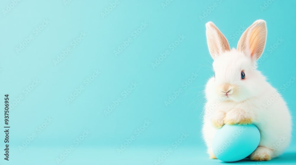 White bunny with a blue Easter egg on a matching blue background. Minimalistic and adorable holiday concept. White bunny with a blue Easter egg on a matching blue background. Minimalistic and adorable holiday concept.