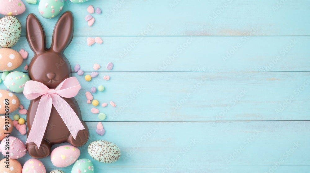 Chocolate bunny with a pink ribbon surrounded by colorful Easter eggs on a light blue wooden background. Sweet and festive holiday concept.